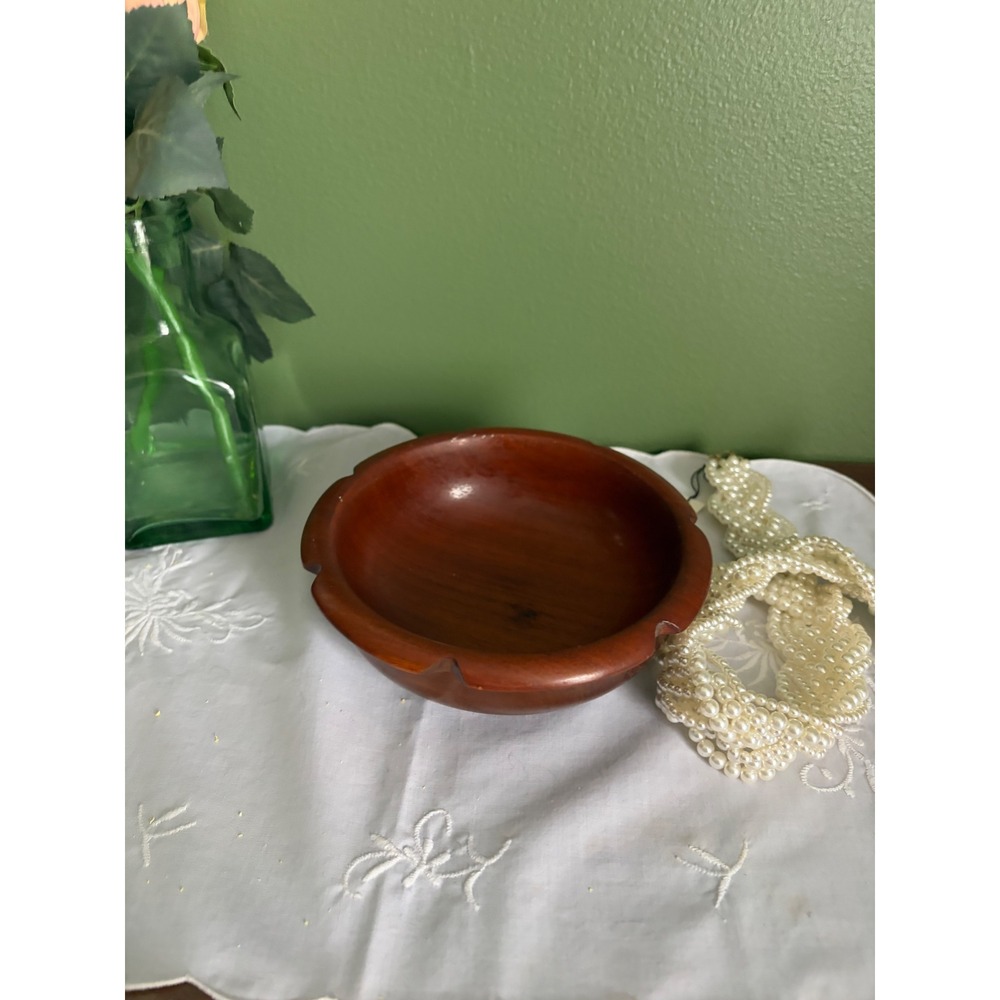 Vintage Teak Wood Ashtray Catchall Dish, Mid-Century Notched Trinket Bowl